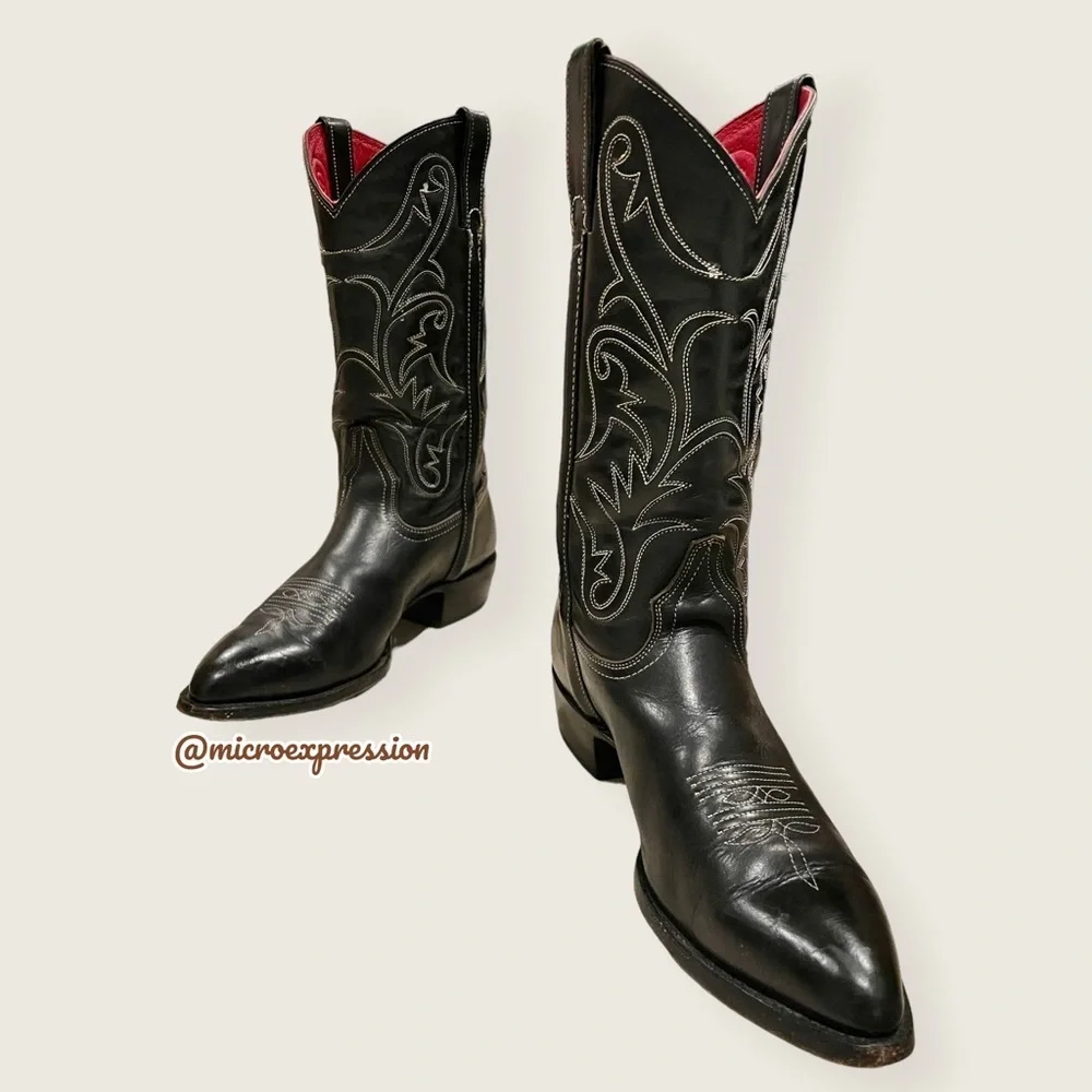 VINTAGE 1990 Frye Black Red Contrast Leather Embroidery Stitch Tall Cowboy Boot